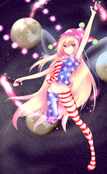 Rule 34 | 1girl, adapted costume, american flag dress, american flag legwear, arm up, armpits, bare shoulders, blonde hair, breasts, closed mouth, clownpiece, commentary request, covered erect nipples, crop top, danmaku, earth (planet), fairy wings, frilled shirt collar, frills, full body, groin, hat, highres, jester cap, long hair, looking at viewer, medium breasts, midriff, moon, navel, no panties, pantyhose, pink eyes, planet, polka dot, print pantyhose, sakushou, shirt, sky, sleeveless, sleeveless shirt, smile, solo, space, star (sky), star (symbol), star print, starry sky, stomach, striped clothes, striped pantyhose, torch, touhou, very long hair, wings
