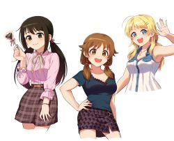 Rule 34 | 3girls, :d, belt, black eyes, black hair, blonde hair, blue eyes, blue shirt, brown belt, brown eyes, brown hair, candy, center frills, collared shirt, commentary request, cropped legs, cropped torso, earrings, food, frilled sleeves, frills, grey skirt, hachimiya meguru, hair ornament, hair over shoulder, hairclip, hand on own hip, holding, holding candy, holding food, holding lollipop, idolmaster, idolmaster cinderella girls, idolmaster shiny colors, jewelry, kamille (vcx68), katagiri sanae, lollipop, long hair, looking at viewer, low twintails, medium hair, miniskirt, multiple girls, nakano yuka, neck ribbon, necklace, open mouth, partial commentary, plaid, plaid skirt, purple shirt, purple skirt, ribbon, shirt, short sleeves, simple background, skirt, sleeveless, sleeveless shirt, smile, standing, star (symbol), star hair ornament, twintails, waving, white background, white ribbon, white shirt