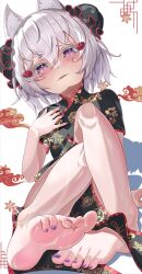 Rule 34 | 1girl, animal ears, barefoot, black dress, blush, breasts, bun cover, china dress, chinese clothes, commentary, dress, english commentary, feet, foot focus, foreshortening, fox ears, full body, highres, itsuki (itsukii en), looking at viewer, nail polish, parted lips, pelvic curtain, phase connect, print dress, purple eyes, purple nails, short eyebrows, short sleeves, small breasts, soles, solo, tenma maemi, toenail polish, toenails, toes, virtual youtuber