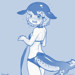 Rule 34 | 1girl, alternate costume, bare arms, bare legs, bare shoulders, bikini, blowhole, blue theme, bow, cetacean tail, clothing cutout, cowboy shot, dolphin girl, embarrassed, fins, fish tail, from behind, hair bow, highres, inada roku, kemono friends, looking at viewer, looking back, monochrome, narwhal (kemono friends), short hair with long locks, sidelocks, solo, swimsuit, tail, tail through clothes