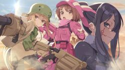 3girls animal_ears black_hair blonde_hair blush bodysuit brown_eyes brown_hair city explosive eyecatch fake_animal_ears fukaziroh_(sao) gloves grenade grenade_launcher gun hat holding holding_weapon holster jacket llenn_(sao) magazine_(weapon) medium_hair milkor_mgl multiple_girls official_art open_mouth p-chan_(p90) petite pink_jacket pitohui_(sao) ponytail short_hair smile submachine_gun sword_art_online sword_art_online_alternative:_gun_gale_online tattoo weapon