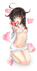 Rule 34 | 10s, 1girl, ahoge, aran sweater, armpits, bare arms, bare shoulders, baretto, baretto (firearms 1), blue eyes, bottomless, braid, breasts, brown hair, cable knit, candy, chocolate, chocolate heart, dress, food, full body, hair flaps, hair ornament, hair over shoulder, hair ribbon, hairclip, halterneck, heart, highres, kantai collection, looking at viewer, meme attire, mouth hold, naked sweater, navel, no bra, no panties, ribbed sweater, ribbon, seiza, shigure (kancolle), shigure kai ni (kancolle), shiny skin, single braid, sitting, small breasts, solo, sweater, sweater dress, turtleneck, turtleneck sweater, virgin killer sweater, wardrobe error