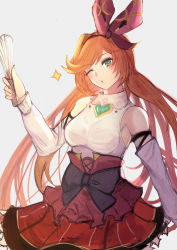 Rule 34 | 1girl, absurdres, black bow, bow, breasts, cero421, clarisse (granblue fantasy), clarisse (valentine) (granblue fantasy), detached sleeves, granblue fantasy, green eyes, grey background, hair ribbon, hand fan, highres, holding, holding fan, long hair, looking at viewer, medium breasts, miniskirt, one eye closed, orange hair, ponytail, red skirt, ribbon, simple background, skirt, solo, very long hair