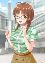 Rule 34 | 1girl, akizuki ritsuko, antenna hair, belt, black-framed eyewear, blue sky, blurry, blurry background, blush, braid, breasts, brown belt, brown eyes, brown hair, brown skirt, building, clenched hands, cloud, day, glasses, green shirt, hair over shoulder, hair tie, hands up, hida tatsuo, idolmaster, idolmaster (classic), idolmaster million live!, idolmaster million live! theater days, large breasts, long hair, looking at viewer, one eye closed, open mouth, outdoors, shirt, short hair, short sleeves, skirt, sky, smile, solo, stairs, striped clothes, striped shirt, traffic cone, twin braids, upper body, window