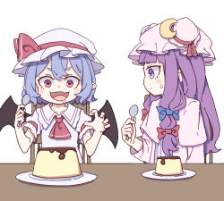 Rule 34 | 2girls, absurdres, ascot, bat wings, blue bow, blue hair, blunt bangs, bow, bowtie, bun cover, collared shirt, double bun, dress, fang, food, frilled shirt collar, frilled sleeves, frills, hair bow, hair bun, hat, hat bow, highres, kame (kamepan44231), long hair, long sleeves, mob cap, multiple girls, patchouli knowledge, pink headwear, pink shirt, pudding, puffy short sleeves, puffy sleeves, purple dress, purple eyes, purple hair, purple headwear, red ascot, red bow, red bowtie, red eyes, remilia scarlet, robe, saliva, saliva trail, shirt, short hair, short sleeves, sitting, skin fang, spoon, striped clothes, striped dress, sweatdrop, table, touhou, vertical-striped clothes, vertical-striped dress, very long hair, wide sleeves, wings, wrist cuffs