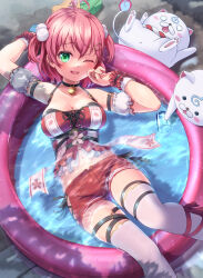 1girl 35p_(sakura_miko) absurdres ahoge arm_behind_head arm_belt bell black_choker blush breasts choker cleavage green_eyes hair_ornament hairclip hand_on_own_cheek hand_on_own_face highres hololive jingle_bell large_breasts lying_on_water midriff nana_illust navel neck_bell one_eye_closed open_mouth partially_submerged pink_hair red_shorts revealing_clothes sakura_miko sakura_miko_(work) scrunchie shirt short_shorts shorts sleeveless sleeveless_shirt smile solo stomach thigh_strap thighhighs virtual_youtuber wading_pool wet wrist_scrunchie