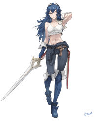 Rule 34 | 1girl, abs, after exercise, arm up, armpits, artist name, belt, blue eyes, blue footwear, blue gloves, blue hair, brown belt, closed mouth, clothes around waist, commentary, crop top, english commentary, falchion (fire emblem), fingerless gloves, fire emblem, fire emblem awakening, full body, gloves, highres, holding, holding sword, holding weapon, long hair, lucina (fire emblem), navel, nintendo, one eye closed, ozkh, pink lips, sheath, signature, simple background, smile, standing, stomach, sweat, sweater, sweater around waist, sword, tiara, tied sweater, towel, weapon, white background, white towel, wrist cuffs