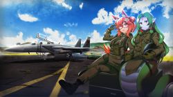 Rule 34 | 2girls, ;d, absurdres, aircraft, airplane, animal ears, blue skin, blue sky, boots, closed mouth, cloud, colored skin, commentary, commission, echidna (monster girl encyclopedia), elysia watanabe, english commentary, f-15 eagle, fighter jet, fox ears, fox girl, fox tail, glasses, gloves, green hair, helmet, highres, holding, holding helmet, horizon, jet, lamia, long hair, long sleeves, military, military vehicle, monster girl, monster girl encyclopedia, multiple girls, one eye closed, open mouth, original, pants, persocon93, pointy ears, red eyes, red hair, second-party source, short hair, sitting, sky, smile, snake hair, tail, uniform, yellow eyes