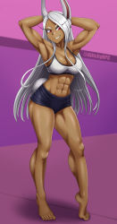 Rule 34 | 1girl, abs, absurdres, animal ears, armpits, arms behind head, artist name, barefoot, boku no hero academia, breasts, cleavage, crop top, dark-skinned female, dark skin, eyelashes, feet, female focus, full body, glitchynpc, grin, highres, legs, long hair, medium breasts, midriff, mirko, muscular, muscular female, navel, pink background, purple background, rabbit ears, rabbit tail, red eyes, shorts, silver hair, smile, solo, standing, tail, tiptoes, toes, twitter username, two-tone background