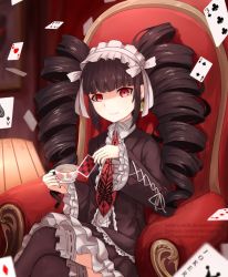 Rule 34 | 1girl, ardenlolo, black hair, black nails, black thighhighs, bonnet, card, celestia ludenberg, chair, commentary, cup, danganronpa (series), dress, drill hair, english commentary, frills, gothic lolita, hairband, holding, holding cup, lamp, lolita fashion, long hair, nail polish, necktie, playing card, red eyes, red necktie, ribbon, sitting, smile, solo, thighhighs, twin drills, twintails, white ribbon