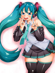Rule 34 | 1girl, aqua eyes, aqua hair, bare shoulders, breasts, detached sleeves, double v, hatsune miku, headphones, highres, kinoshita jun&#039;ichi, open mouth, pleated skirt, plump, simple background, skirt, small breasts, smile, solo, thick thighs, thighhighs, thighs, twintails, v, vocaloid, zettai ryouiki