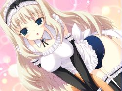 Rule 34 | 00s, 1girl, :o, aquaplus, bent over, black thighhighs, blonde hair, blue eyes, blush, detached sleeves, frilled thighhighs, frills, game cg, kawata hisashi, kusugawa sasara, long hair, maid, official art, one-piece swimsuit, school swimsuit, solo, swimsuit, swimsuit under clothes, thighhighs, to heart, to heart (series), to heart 2