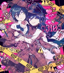 Rule 34 | 2boys, arm up, belt, black belt, black cape, black headwear, brown jacket, brown pants, cape, caution tape, chain, clenched hand, cowboy shot, cuffs, danganronpa (series), danganronpa v3: killing harmony, detective, grey jacket, hair between eyes, handcuffs, heart, highres, hug, jacket, keep out, looking at another, male focus, monocle, multiple boys, oma kokichi, one eye closed, open fly, open pants, orange eyes, pants, paper, parted lips, purple eyes, saihara shuichi, sign, smile, smug, sukumoku, teeth, warning sign