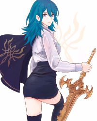 Rule 34 | 1girl, ass, black cape, black skirt, black thighhighs, blue hair, breasts, byleth (female) (fire emblem), byleth (fire emblem), cape, closed mouth, collared shirt, commentary, english commentary, feet out of frame, fire emblem, fire emblem: three houses, from behind, hair between eyes, highres, holding, holding sword, holding weapon, long hair, long sleeves, looking at viewer, looking back, medium breasts, nintendo, purple eyes, shirt, skirt, smile, solo, standing, standing on one leg, sword, thighhighs, truejekart, weapon, white background, white shirt