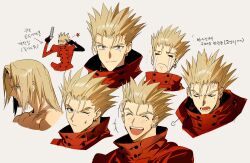 1boy blonde_hair citronplanet closed_eyes earrings gun hair_down handgun high_collar highres jewelry male_focus mole mole_under_eye multiple_expressions one_eye_closed prosthesis prosthetic_arm revolver single_earring spiked_hair trigun undercut vash_the_stampede weapon white_background