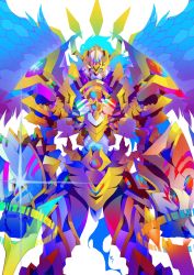 Rule 34 | ancientgarurumon, ancientgreymon, armor, digimon, fusion, highres, looking at viewer, omegamon, original, simple background, white background, wings