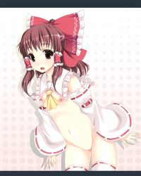Rule 34 | 1girl, bad id, bad pixiv id, bottomless, bow, brown eyes, brown hair, detached sleeves, female focus, flat chest, hakurei reimu, half updo, highres, japanese clothes, kaneru, miko, nipples, no pussy, revealing clothes, ribbon, ribbon-trimmed legwear, ribbon-trimmed sleeves, ribbon trim, solo, thighhighs, touhou