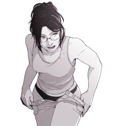 Rule 34 | 1girl, bent over, breasts, clothes pull, commentary, cowboy shot, glasses, greyscale, hange zoe, hanpetos, monochrome, open mouth, panties, pants, pants pull, ponytail, shingeki no kyojin, small breasts, smile, solo, tank top, underwear