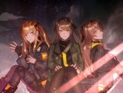 Rule 34 | 3girls, 404 logo (girls&#039; frontline), absurdres, armband, artist request, boots, brown hair, commentary request, fingerless gloves, girls&#039; frontline, gloves, highres, huge filesize, jacket, knee pads, multiple girls, no scar, pantyhose, siblings, sisters, sitting, twins, twintails, ump40 (girls&#039; frontline), ump45 (girls&#039; frontline), ump9 (girls&#039; frontline), yellow eyes