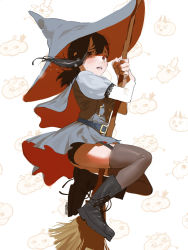 Rule 34 | 1girl, alternate costume, black hair, black panties, boots, broom, broom riding, capelet, chainsaw man, crying, crying with eyes open, dress, garter straps, grey capelet, grey dress, grey hat, hat, higashiyama kobeni, highres, holding, holding broom, knees up, medium hair, panties, puffy short sleeves, puffy sleeves, raneblu, short ponytail, short sleeves, solo, tears, thighhighs, underwear, wind, wind lift, witch, witch hat