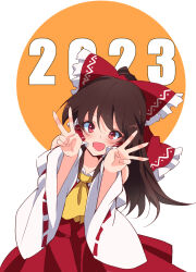 Rule 34 | 1girl, 2023, ascot, bow, brown hair, commentary request, hair bow, hair tubes, hakurei reimu, highres, ichimura kanata, looking at viewer, medium hair, one-hour drawing challenge, open mouth, ponytail, red bow, red eyes, red skirt, ribbon-trimmed sleeves, ribbon trim, sidelocks, skirt, solo, touhou, v, wide sleeves, yellow ascot