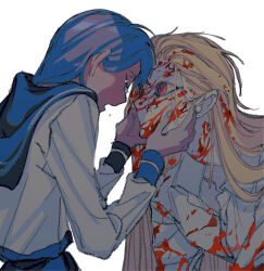 Rule 34 | 2girls, blonde hair, blood, blood in hair, blood on clothes, blood on face, blue hair, blue sailor collar, blue skirt, closed eyes, collared shirt, commentary request, earrings, fingernails, forehead-to-forehead, hand on another&#039;s face, hands on another&#039;s face, heads together, highres, jewelry, long hair, long sleeves, looking at another, medium hair, multiple girls, naotin3333, open mouth, original, red eyes, sailor collar, school uniform, serafuku, shirt, skirt, stud earrings, tears, white shirt
