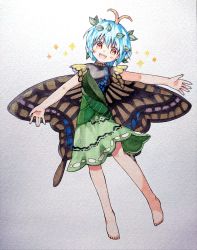 Rule 34 | 1girl, :d, animal print, bad id, bad twitter id, barefoot, black shirt, blue hair, butterfly print, butterfly wings, eternity larva, full body, green skirt, highres, insect wings, leaf, looking at viewer, open mouth, orange eyes, outstretched arms, sasa kichi, shirt, short hair, short sleeves, skirt, smile, solo, sparkle, spread arms, touhou, traditional media, wings