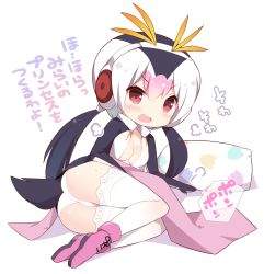 Rule 34 | 10s, 1girl, puff of air, ass, black hair, blanket, blush, body blush, boots, breasts, chibi, d:, d:&lt;, dot nose, drawstring, eyelashes, full body, headphones, jacket, kemono friends, legs together, long hair, long sleeves, looking at viewer, low twintails, lying, medium breasts, multicolored hair, on side, open clothes, open jacket, open mouth, panties, pantyshot, pillow, pink footwear, pink hair, red eyes, royal penguin (kemono friends), shoelaces, simple background, solo, sound effects, sweat, tail, thighhighs, translation request, tsurime, turtleneck, twintails, underwear, v-shaped eyebrows, watanon (gakushokutei), white background, white hair, white panties, white thighhighs