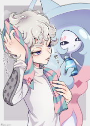 Rule 34 | 1boy, bede (pokemon), commentary request, creatures (company), curly hair, drying, drying hair, eyelashes, game freak, gen 8 pokemon, grey hair, half-closed eyes, hatterene, holding, holding towel, janis (hainegom), long sleeves, male focus, nintendo, parted lips, pokemon, pokemon (creature), pokemon swsh, purple eyes, towel, towel around neck, translation request, upper body, wet, wet hair