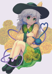 Rule 34 | 1girl, black hat, blouse, boots, bow, closed mouth, commentary request, eyeball, floral background, floral print, flower, frilled shirt collar, frills, full body, green eyes, green footwear, green skirt, hair between eyes, hat, hat bow, heart, heart of string, highres, knees up, komeiji koishi, long hair, long sleeves, looking at viewer, ranunculus, shirt, silver hair, simple background, sitting, skirt, solo, third eye, touhou, wavy hair, white background, wide sleeves, yawdeone, yellow bow, yellow flower, yellow shirt