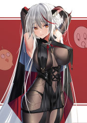 Rule 34 | 1girl, absurdly long hair, aegir (azur lane), armpits, arms behind head, azur lane, black cape, black gloves, bodystocking, breast curtains, breasts, cape, covered erect nipples, covered navel, cross, cross-laced clothes, demon horns, elbow gloves, gloves, hair between eyes, hair on horn, highres, horns, impossible clothes, inui kentarou, iron cross, large breasts, long hair, multicolored hair, red background, red hair, simple background, skin tight, skindentation, solo, streaked hair, two-tone background, underbust, very long hair, white background, white hair, yellow eyes