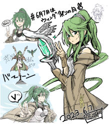 Rule 34 | 1girl, amemikan, arms up, bare shoulders, boots, breasts, chibi, chibi inset, collar, comic, duel monster, green eyes, green hair, gusto gulldo, high ponytail, highres, holding, holding staff, hood, hood down, jacket, jewelry, medium breasts, metal collar, necklace, open clothes, open jacket, sketch, smile, staff, standing, standing on one leg, symbol-shaped pupils, upper body, v, winda (yu-gi-oh!), winda priestess of gusto, yu-gi-oh!