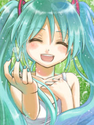 Rule 34 | 1girl, 403 (artist), closed eyes, green hair, hand on own chest, hatsune miku, long hair, nail polish, open mouth, smile, solo, twintails, vocaloid