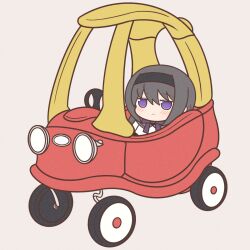 Rule 34 | 1girl, :&lt;, akemi homura, black hair, blush, chibi, closed mouth, cozy coupe, hairband, highres, little tikes, long hair, looking at viewer, mahou shoujo madoka magica, mahou shoujo madoka magica (anime), purple eyes, sitting, solo, toy car, yuno385