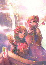 Rule 34 | 2girls, :d, alternate costume, asymmetrical hair, blue eyes, commentary request, floral print, green hair, hair ornament, holding, japanese clothes, kimono, long sleeves, looking at another, multiple girls, onozuka komachi, open mouth, outdoors, red hair, rod of remorse, shiki eiki, ship, short hair, sitting, smile, standing, touhou, two side up, water, watercraft, waterfall, wide sleeves, yamadori ofuu, yellow eyes