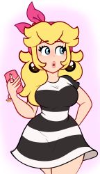 Rule 34 | 1girl, absurdres, bandana, black dress, blonde hair, blue eyes, breasts, cellphone, cellphone charm, charm (object), dress, earrings, eyelashes, gonenannurs, hand up, highres, holding, holding phone, jewelry, lips, long hair, looking away, mario (series), medium breasts, nintendo, parted lips, phone, pink background, pink bandana, pink lips, princess peach, short dress, short sleeves, striped clothes, striped dress, super crown, super mushroom, thick thighs, thighs, white background, white dress, wide hips