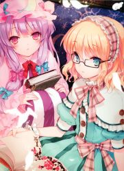 Rule 34 | 2girls, absurdres, adapted costume, alice margatroid, alternate costume, animal, bespectacled, bird, black-framed eyewear, blonde hair, blue dress, blue eyes, blush, book, bow, capelet, crescent, cuteg, dress, floral print, glasses, hair bow, hair ornament, hairband, hat, hat bow, highres, lolita hairband, long hair, long sleeves, looking at viewer, mob cap, multiple girls, open book, parted lips, patchouli knowledge, pink eyes, puffy sleeves, purple hair, ribbon, sash, scan, short hair, short sleeves, sitting, striped clothes, striped dress, touhou, wide sleeves, wrist cuffs