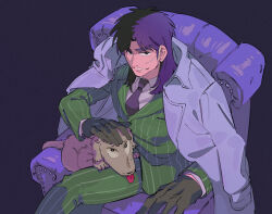 Rule 34 | 1boy, armchair, black background, black eyes, black gloves, black hair, black necktie, chair, coat, coat on shoulders, collared shirt, commentary request, dog, facial scar, feet out of frame, formal, gloves, green jacket, green pants, grey coat, grin, inudori, itou kaiji, jacket, kaiji, long hair, looking at viewer, male focus, medium bangs, necktie, pants, petting, pinstripe pattern, pinstripe suit, scar, scar on cheek, scar on ear, scar on face, shirt, simple background, sitting, smile, solo, striped clothes, striped jacket, striped pants, suit, vertical-striped clothes, vertical-striped jacket, vertical-striped pants, white shirt