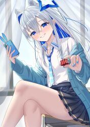 Rule 34 | 1girl, absurdres, alternate costume, amane kanata, black skirt, blue hair, blue jacket, blue nails, blue necktie, blush, breast pocket, breasts, cellphone, collared shirt, colored inner hair, crossed legs, desk, grey hair, hair intakes, highres, holding, holding phone, hololive, jacket, long hair, mitsu 3 33, multicolored hair, nail polish, necktie, on desk, phone, pocket, purple eyes, shirt, sitting, on desk, skirt, small breasts, smartphone, smile, solo, virtual youtuber, white shirt