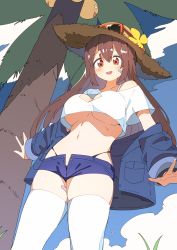 Rule 34 | 1girl, :d, absurdres, alolan form, bandaid, blue jacket, blue shorts, breasts, brown hair, cleavage, cleavage cutout, clothing cutout, creatures (company), crop top, crop top overhang, cropped jacket, denim, denim shorts, exeggutor, eyewear on headwear, flower, from below, game freak, gen 1 pokemon, gen 7 pokemon, hat, hat flower, highleg, highres, jacket, large breasts, long hair, looking at viewer, luke (dydansgur), micro shorts, midriff, navel, nintendo, off shoulder, open clothes, open fly, open jacket, open mouth, pokemon, pokemon (creature), pokemon sm, red eyes, shirt, short sleeves, shorts, sightseer (pokemon), skindentation, smile, standing, stomach, straw hat, sunglasses, thighhighs, thighs, underboob, upshirt, white shirt, white thighhighs