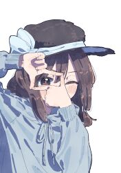 Rule 34 | 1girl, absurdres, alternate costume, arm up, black hat, blue hoodie, blue ribbon, blush, brown eyes, brown hair, covering own mouth, finger frame, hand over own mouth, hand up, hat, hat ribbon, highres, hood, hood down, hoodie, long hair, long sleeves, looking at viewer, nama udon, ribbon, simple background, solo, touhou, upper body, usami renko, white background