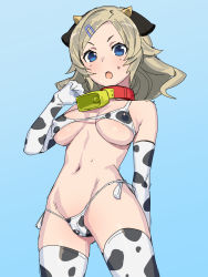Rule 34 | 1girl, animal ears, bare shoulders, bell, bikini, blonde hair, blue eyes, blush, breasts, breasts apart, brown hair, character request, covered erect nipples, cow girl, cow horns, cowbell, cowboy shot, elbow gloves, gloves, hair ornament, hairclip, high school fleet, highres, horns, large breasts, blue background, medium breasts, medium hair, micro bikini, navel, onsen tamago (hs egg), open mouth, parted bangs, solo, sweat, swimsuit, toumatsu mimi