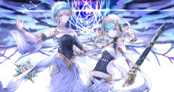 Rule 34 | 1boy, 1girl, armlet, armor, black shirt, blonde hair, blue eyes, blue sky, bracelet, breasts, bridal gauntlets, brother and sister, castor (fate), closed mouth, collar, constellation, covered navel, diadem, fantasy tree (fate), fate/grand order, fate (series), gemini (constellation), highres, jewelry, medium hair, metal collar, pauldrons, pollux (fate), purionpurion, robe, sash, shirt, short hair, shoulder armor, siblings, sky, small breasts, sword, twins, weapon, white robe