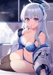 Rule 34 | 1girl, arm support, bare shoulders, black pantyhose, blue archive, blue bra, blue panties, bra, breasts, cleavage, clothes pull, commentary request, finger to mouth, grey hair, grin, groin, halo, headgear, highres, index finger raised, indoors, jacket, lace, lace-trimmed bra, lace trim, large breasts, leaf print, long hair, long sleeves, medium breasts, navel, night, night sky, noa (blue archive), off shoulder, open clothes, open jacket, panties, pantyhose, pantyhose pull, polka dot, polka dot panties, print bra, purple eyes, shiny skin, shushing, sidelighting, sidelocks, sitting, sky, smile, solo, star (sky), starry sky, stomach, string panties, t@ke-g, teeth, thighs, underwear, window