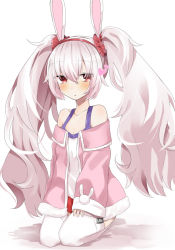 Rule 34 | 1girl, abe suke, animal ears, azur lane, breasts, cleavage, collarbone, commentary request, fake animal ears, hairband, heart, highres, laffey (azur lane), long hair, looking at viewer, parted lips, pleated skirt, red eyes, seiza, silver hair, sitting, skirt, small breasts, solo, thighhighs, twintails, zettai ryouiki