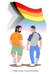 Rule 34 | . ., 2boys, arm hair, bara, beard, blue sleeves, blush stickers, character request, collared shirt, denim, denim shorts, eye contact, facial hair, flag background, from behind, full body, green shorts, jeans, leg hair, lgbt pride, long sideburns, looking at another, male focus, mature male, medium hair, multiple boys, mustache, original, pants, pride month, progress pride flag, rainbow flag, shirt, shoes, short hair, shorts, sideburns, sneakers, tagame gengoroh, walking, yaoi