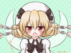 Rule 34 | 1girl, blonde hair, bow, bowtie, checkered background, chestnut mouth, drill hair, fork, grey background, hat, luna child, mofu mofu, red eyes, sweat, touhou, translation request, wings