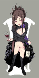 Rule 34 | 1girl, black dress, black footwear, blush, boots, bottle, breasts, brown hair, cleavage, commentary request, crossed legs, cup, dorothy (princess principal), dress, drinking glass, full body, grey background, holding, knee boots, large breasts, long hair, long sleeves, looking at viewer, muraji, parted lips, pink eyes, princess principal, sidelocks, sitting, smile, solo, swept bangs, wine bottle, wine glass