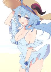 Rule 34 | 1girl, :d, ahoge, bare shoulders, blue bow, blue choker, blue dress, blue hair, bow, breasts, choker, cleavage, cowboy shot, dorontabi, dress, frilled dress, frilled sleeves, frills, ganyu (genshin impact), genshin impact, goat horns, gradient eyes, hand on headwear, hat, highres, horns, horns through headwear, large breasts, looking at viewer, multicolored eyes, open mouth, ponytail, purple eyes, sidelocks, skindentation, smile, solo, spaghetti strap, straw hat, sun hat, sundress, thighs, wide sleeves, wind, wind lift, wrist bow