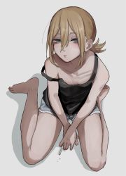 Rule 34 | 1girl, barefoot, black tank top, blonde hair, blue eyes, breasts, cigarette, collarbone, commentary request, from above, full body, hair between eyes, half-closed eyes, highres, holding, holding cigarette, looking at viewer, looking up, original, self-harm, simple background, sitting, solo, tabao, tank top, tobacco, white background